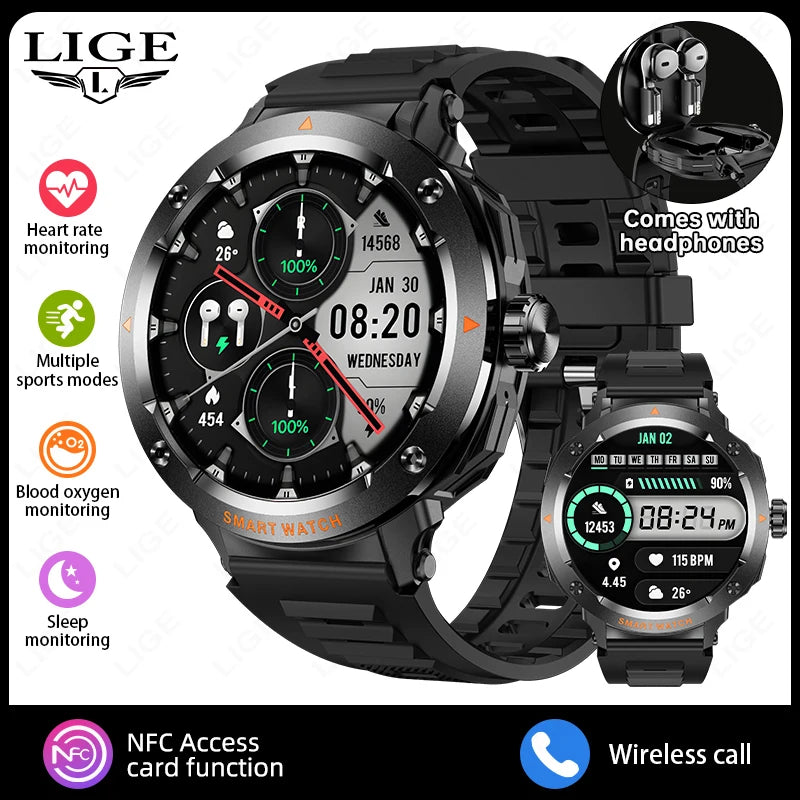 NFC Smart Watch Wireless Earphone 2 in1 Bluetooth Call Men Smart Watches Heart Rate Monitor Music Playing Headphones Smartwatch