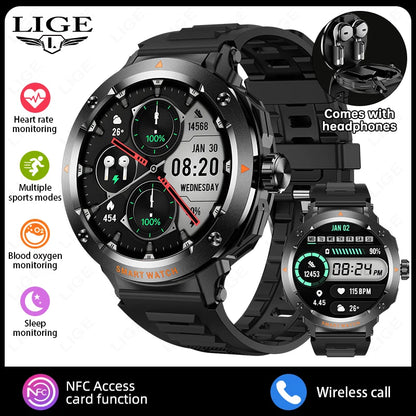 NFC Smart Watch Wireless Earphone 2 in1 Bluetooth Call Men Smart Watches Heart Rate Monitor Music Playing Headphones Smartwatch