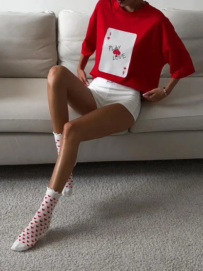Bornladies 100% Cotton Poker Card Printed T-Shirt Women's Fashionable O-Neck Loose Short Sleeved Female Summer New Casual Top