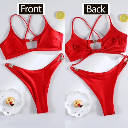 Miyouj Bandage Swimwear Summer Swimsuit High Cut Bikini Set Solid Sexy 2-Piece Suit New Bathsuit Hollow Out Thongs Beachwear