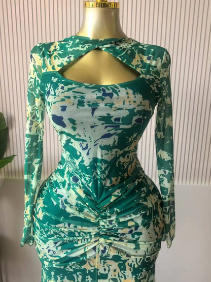 CM.YAYA Women Draped V-neck Cutout Front Ruched Stacked Bodycon Midi Long Maxi Dress 2025 Night Club Party Vestidos Sexy Dresses