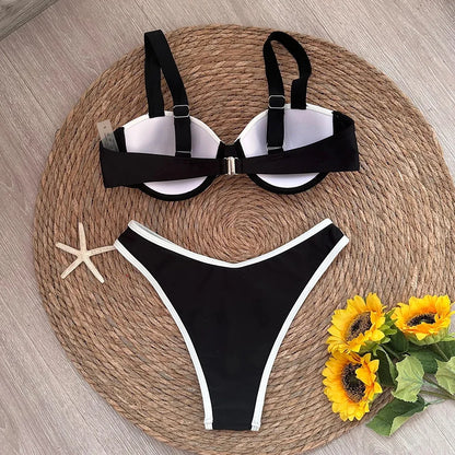 2025 Solid Thong Brazilian Bikinis Swimwear Women Swimsuit  Black White Bikini Set Bathing Suit Female Summer Beach Wear Biquini
