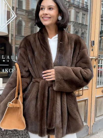 Brown Medium-length Fur Coat Women Lapel Hidden Button Loose  Elegant Outerwear 2025 Fashion Office Lady Commute Overcoat New
