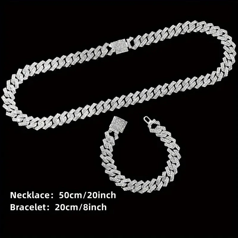 3/4PCS Hip Hop Iced Out Men's Watch Jewelry Set Luxury Rhinestone Quartz Wristwatch Cuban Link Chain Accessories（Without Box）