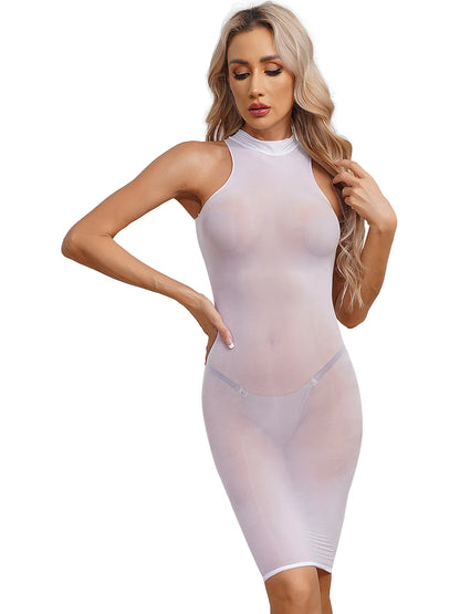 Womens See Though Bodycon Dress Sexy Lingerie Nightwear Long Sleeve Stretchy Glossy Dresses Tempting Party Pole Dancing Clubwear