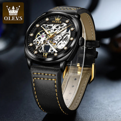 OLEVS 6651 Transparent Hollow Automatic Watches for Men Leather Strap Tonneau PUNK Style Mechanical Writwatch Luxury Man Watch