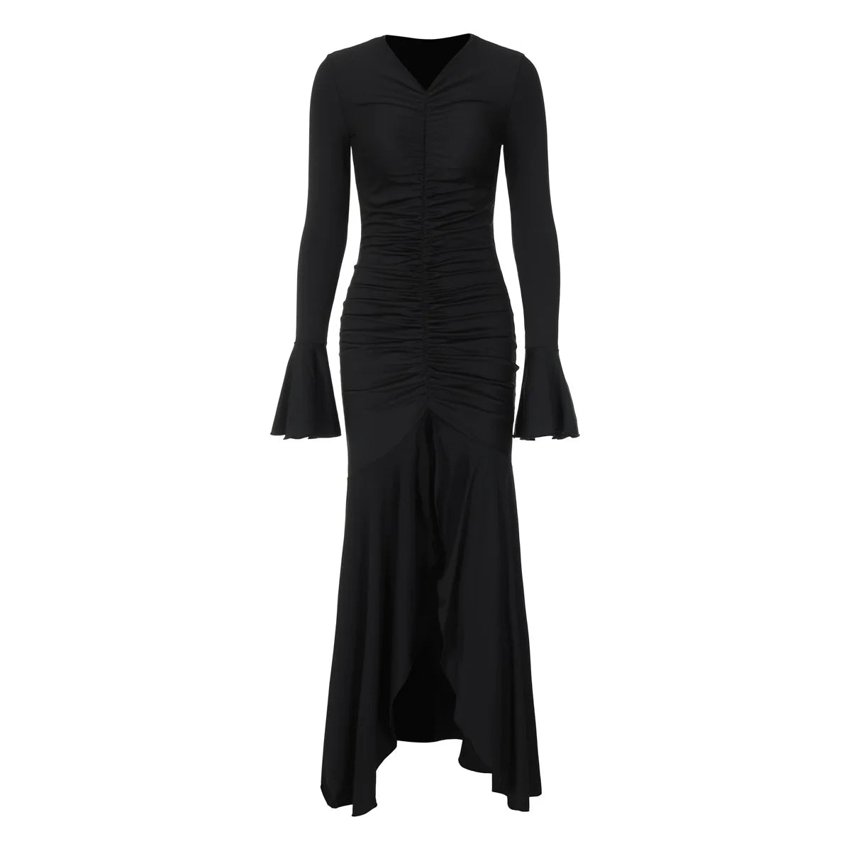 Women Elegant Ruffle Hem White Long Dress Fashion Shirring V-neck Flare Long Sleeve Dresses 2024 New Evening Party Robes Vestido