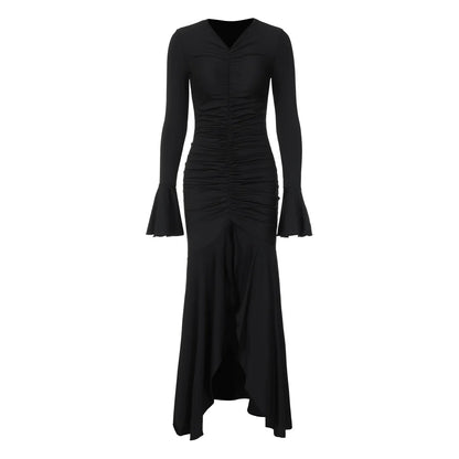 Women Elegant Ruffle Hem White Long Dress Fashion Shirring V-neck Flare Long Sleeve Dresses 2024 New Evening Party Robes Vestido