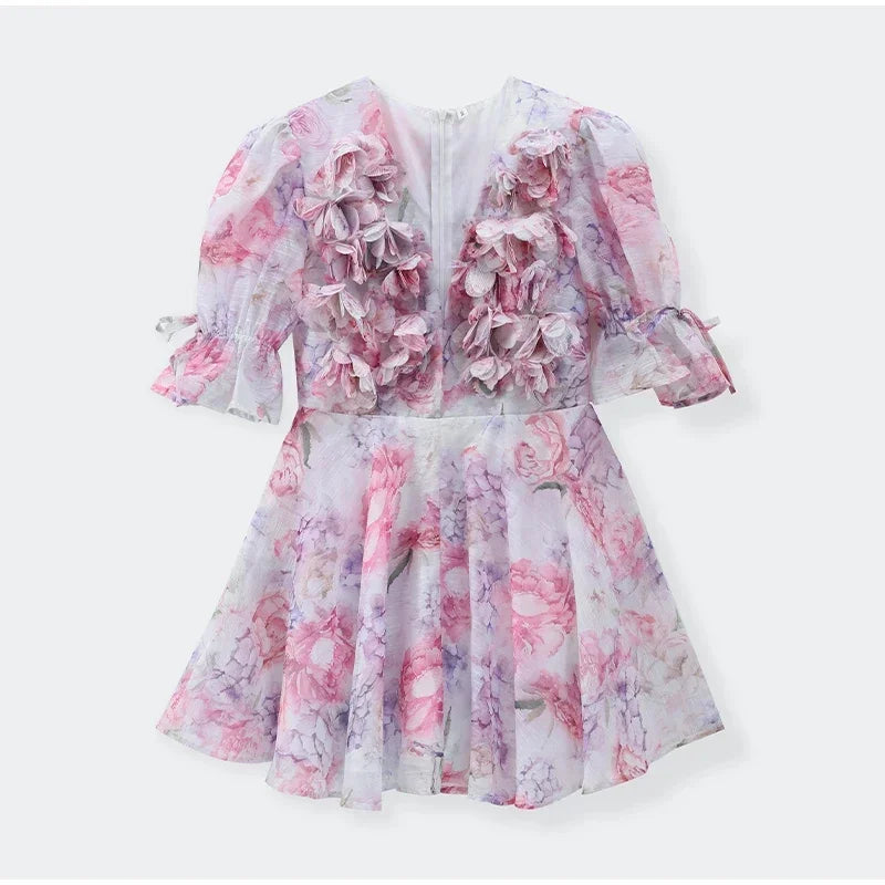 Trendy Floral Print Flare Sleeve V Neck Mini Dress Elegant High Waist Pleated Woman Vestidos 2025 New Autumn Evening Party Gown