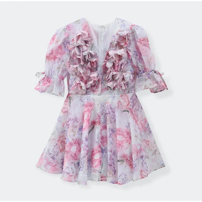 Trendy Floral Print Flare Sleeve V Neck Mini Dress Elegant High Waist Pleated Woman Vestidos 2025 New Autumn Evening Party Gown