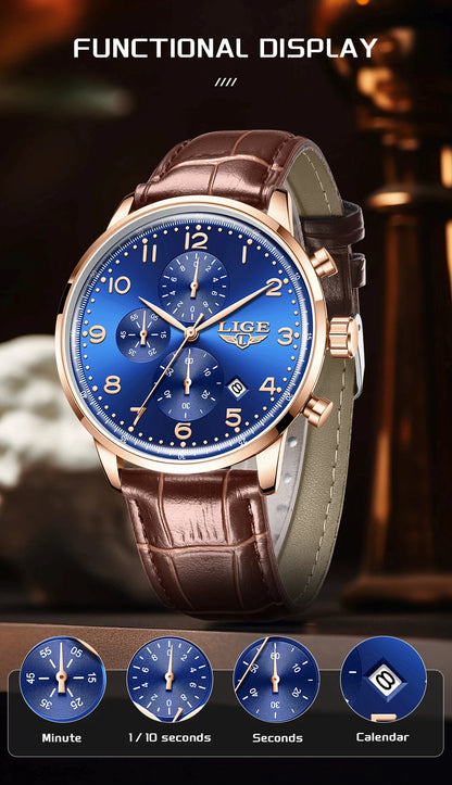 LIGE Casual Sports Watches For Men Fashion Business Leather Waterproof Quartz Men Watch Top Brand Luxury Military Chronograph