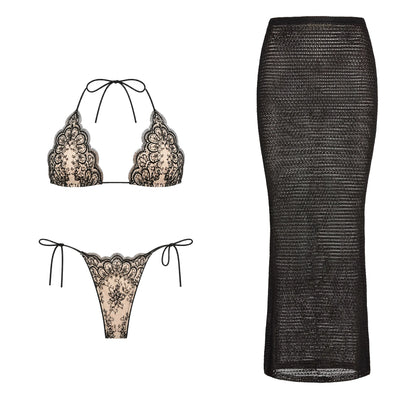 Mesh Bikini with Pants Swimsuit Brazilan Bikini Set Swimwear for Women Lace Halter Shirring 3 Pcs Bathing Suits Summer Female
