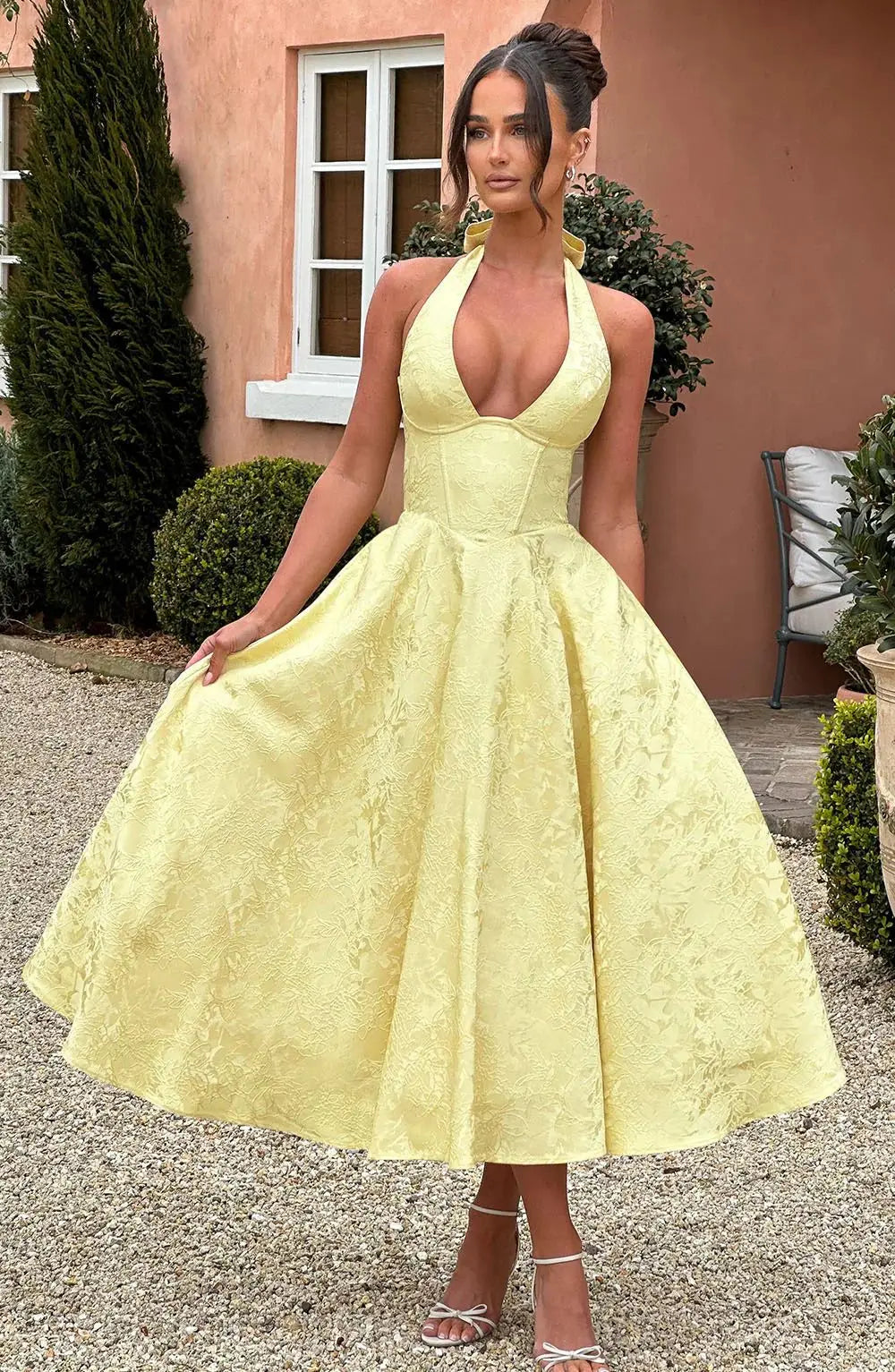 Solid Backless Lace Up A-line Dress Women Sleeveless Deep V-neck High Waist Pleated Midi Dresses Lady Evening Party Robes 2026