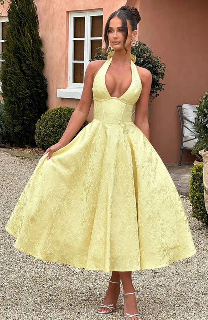 Solid Backless Lace Up A-line Dress Women Sleeveless Deep V-neck High Waist Pleated Midi Dresses Lady Evening Party Robes 2026