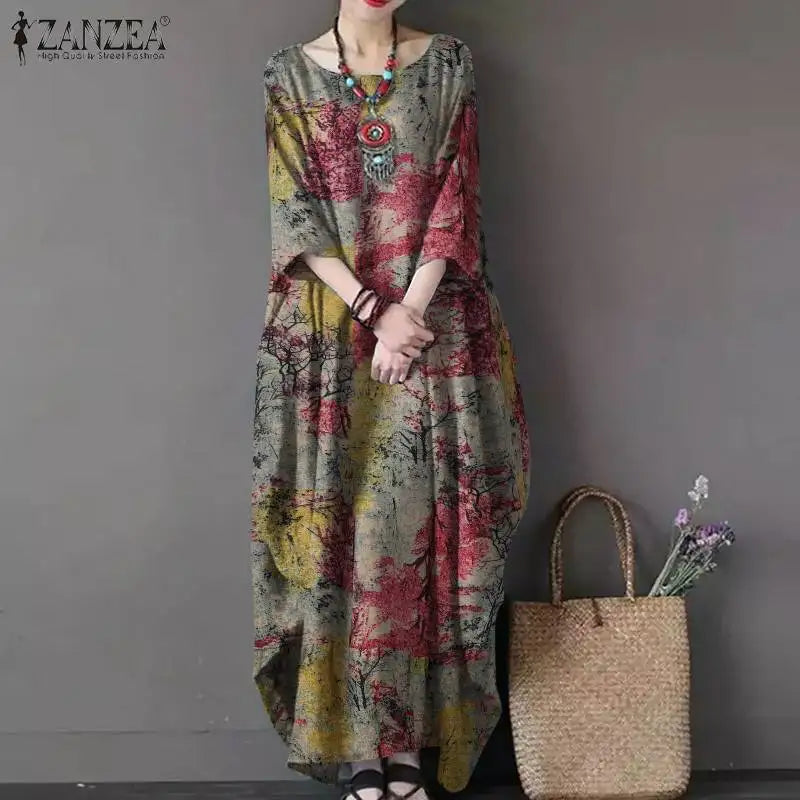ZANZEA Bohemian Vintage Robe Women Maxi Long Dress Elegant Floral Printed Sundress Causal Loose Cotton Vestidos Autumn Dresses