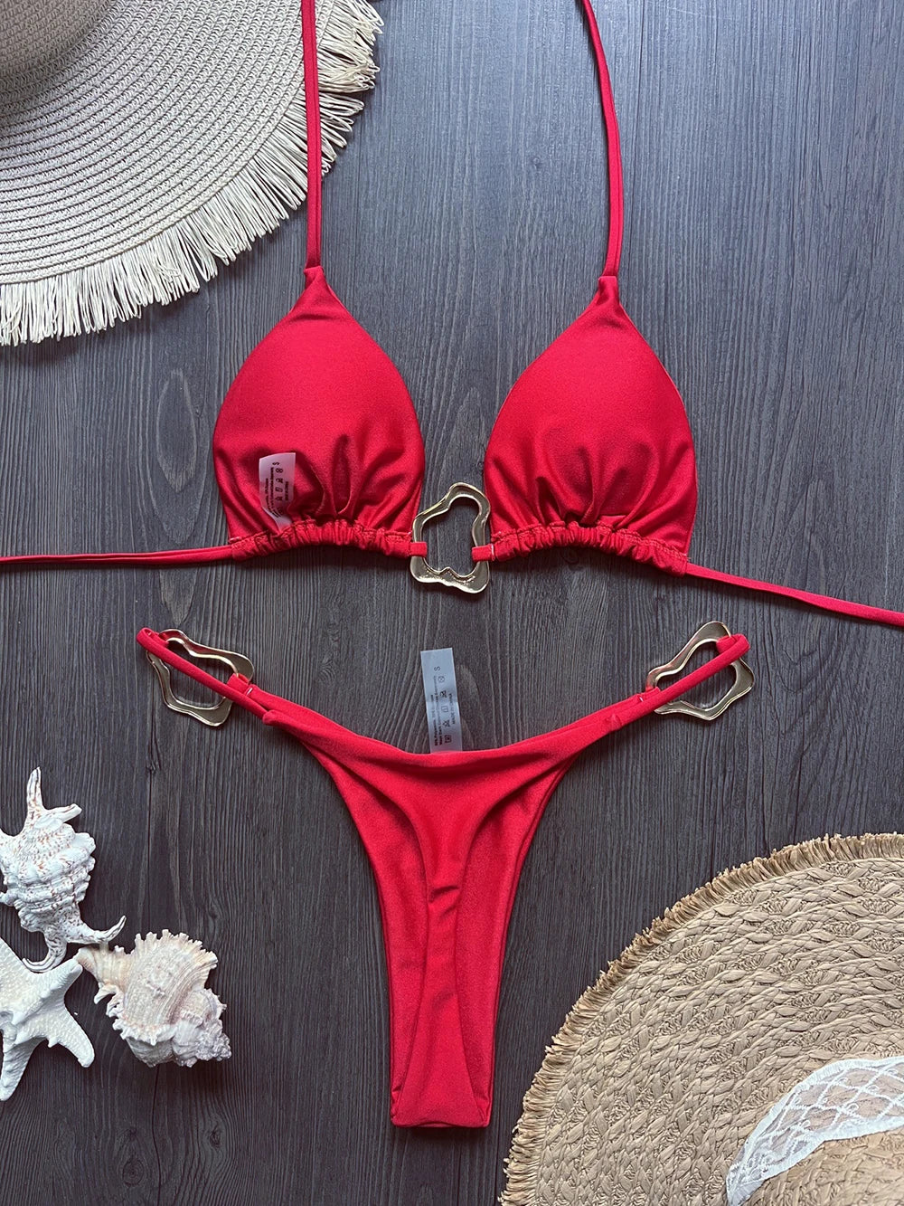 Sexy Solid Color Halter Lace-up Low Waist Bikini Set Women's Two Pieces Triangle Thong Swimsuit Bathing Suit Brazilian Biquinis