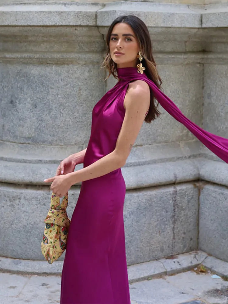 Sexy Ribbon Sleeveless Long Dress Women Elegant Slim Stain Backless Lace Up Party Dresses 2026 Fashion Solid Holiday Robe Lady