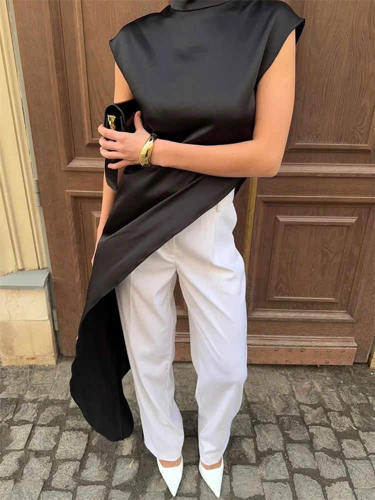 Tossy Casual Sleeveless Satin Maxi Dress Female Turtleneck Patchwork Slim Fashion Solid Commute Dress For Women Long Dress 2025