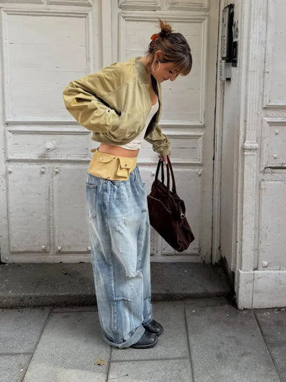 Women Khaki Cropped Bomber Jacket Chic Lapel Zipper Pocket Long Sleeve Short Coat Casual 2026 New Lady Street Daily Crop Outwear
