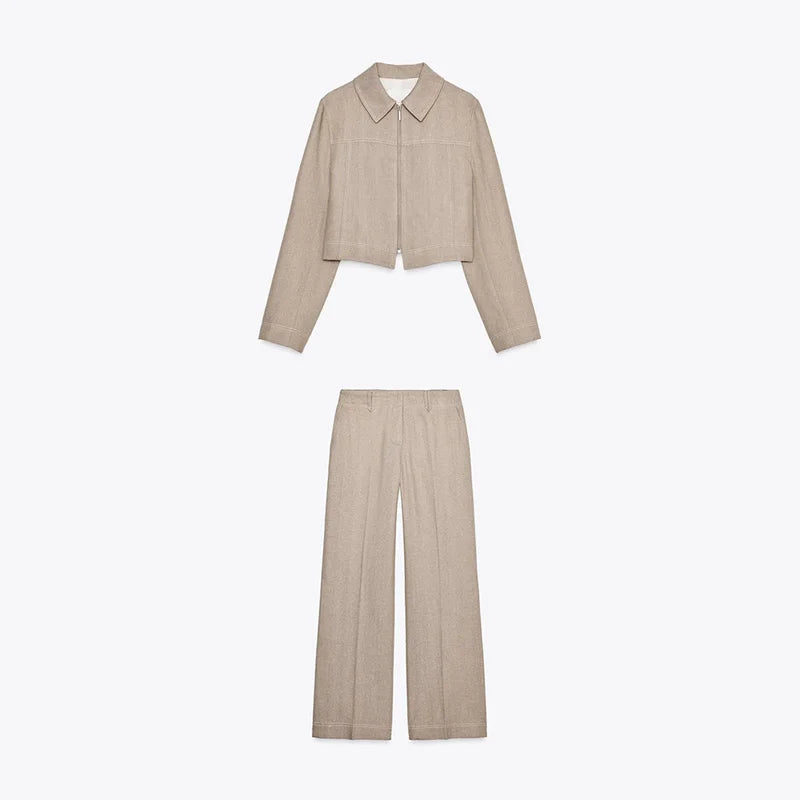 Casual Coats Pants Sets Women'S Turn-down Collar Long Sleeve Zippers Tops High Waist  Trousers 2026 Spring New Lady Chic Suit
