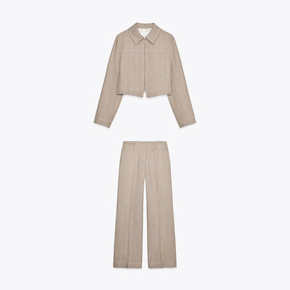 Casual Coats Pants Sets Women'S Turn-down Collar Long Sleeve Zippers Tops High Waist  Trousers 2026 Spring New Lady Chic Suit