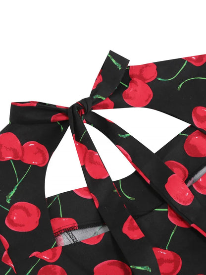 Tonval Sweetheart Neck High Waist Cherry Vintage 50s Midi Dress Short Sleeve Backless Women Tie Back Cotton Rockabilly Dresses