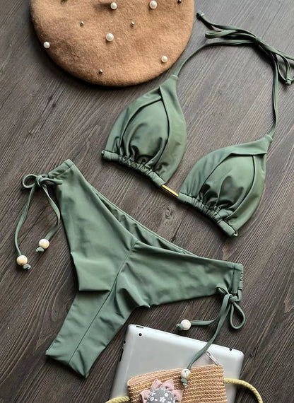 2025 New Sexy Triangle Bathing Suit for Women Brazilian Bikinis Halter Swimwear Push Up Swimsuit Metal Chain Beach Bikini Set