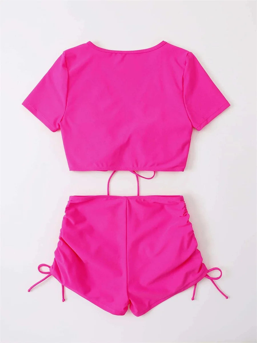 Sexy Drawstring Bikini Set 2026 Women Green Black Short Sleeve Two Piece Swimsuit Summer Bathing Suit Pleate High Waist Swimwear