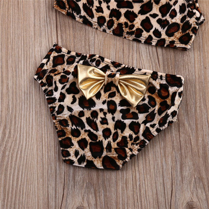 0-5years Infant Girls 3pcs Bikini Set With Leopard Printed One Shoulder Off Sleeveless Swimwear For Girl Summer Leopard Swimsuit
