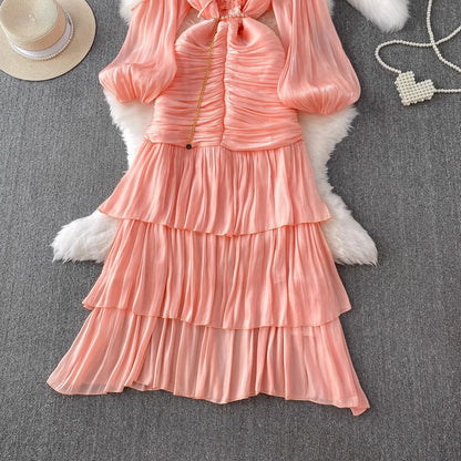 Elegant Autumn Ruffles Long Sleeve Maxi Mermaid Dress Women Hollow Out Casual Satin Fishtail Cake Dresses Prom Evening Vestidos