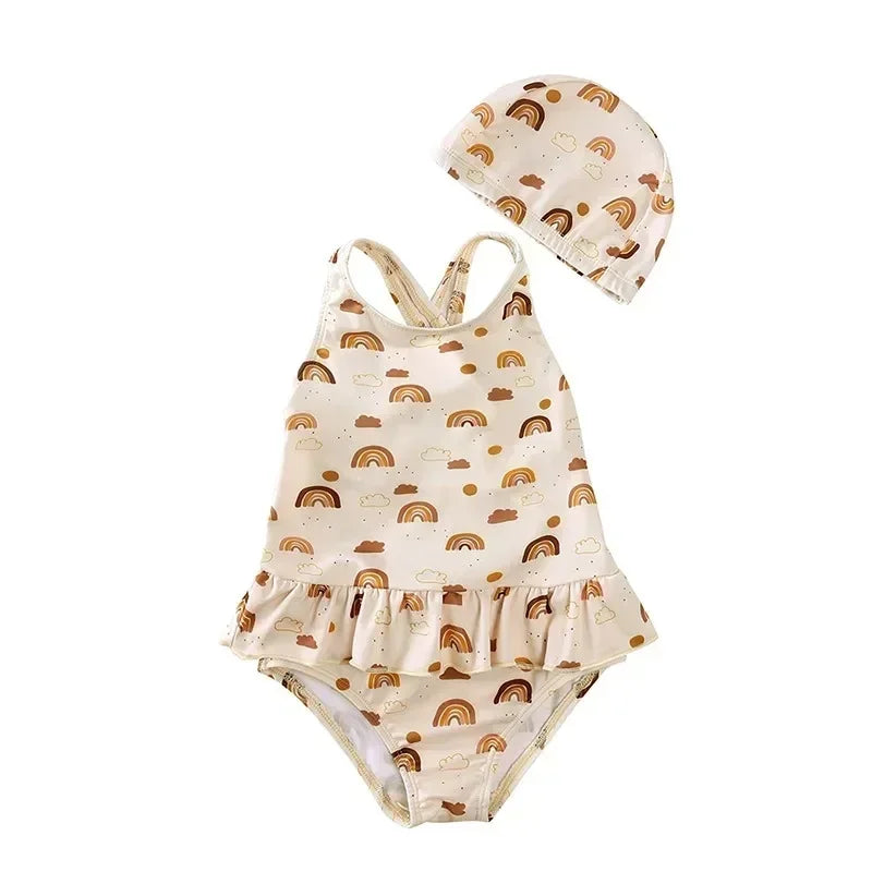 Girls Cute Backless Floral One-piece Swimsuit Baby Bikini Swimwear with hat Sun-proof Beach Vacation Toddlers Kids Chic Swimsuit
