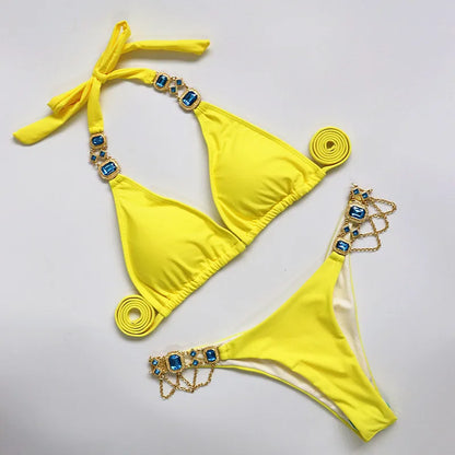 2026 Shiny Rhinestone Diamond Bikini Women Swimsuit Female Swimwear Two Pieces Bikini Set Halter Metal Chains Bathing Suit Swim