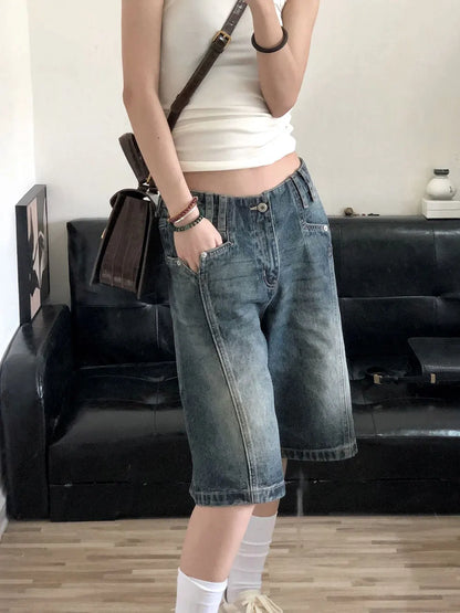 American Retro Blue Denim Shorts Women Korean Style High Waist Biker  Jeans Feminino 2026 Summer Chic Streetwear