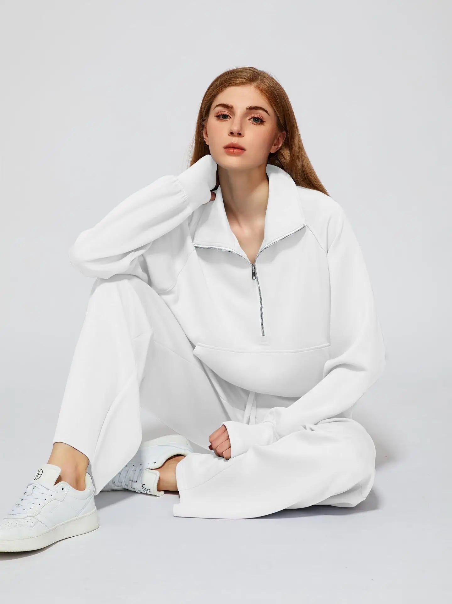 Woman Solid Color Half Zip Long Sleeve Sweatshirt and Wide Leg Pants Set Casual Sporty Two Piece Outfit