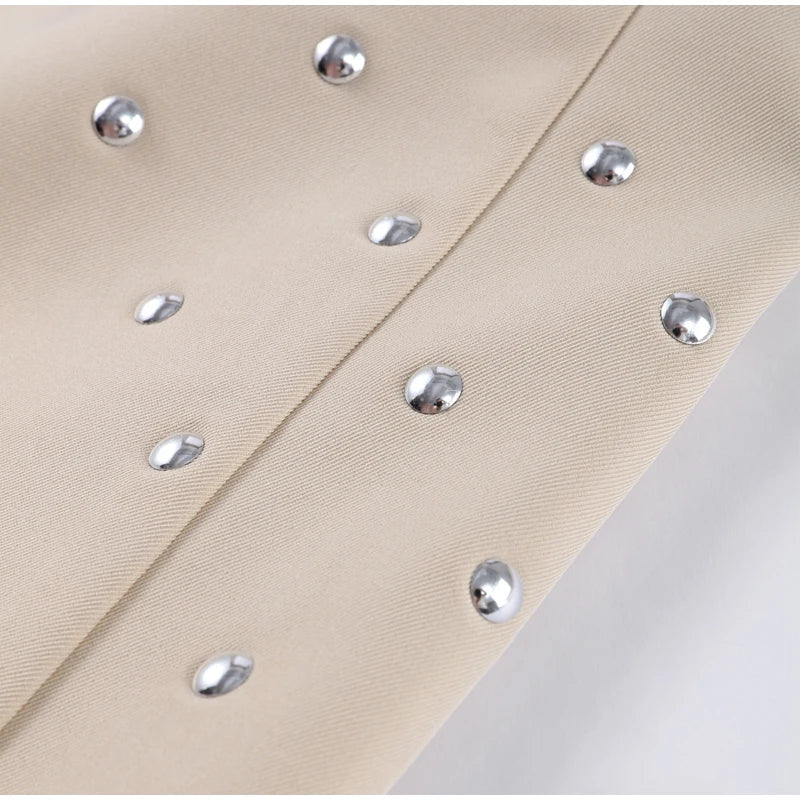 Rivet Fashion V-neck Balzer Coat Women Shoulder Pads Loose Fake Pocket Long Sleeve Jacket 2025 Spring Street Party Commute Tops