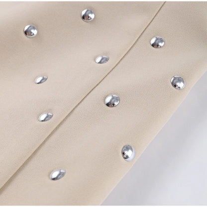 Rivet Fashion V-neck Balzer Coat Women Shoulder Pads Loose Fake Pocket Long Sleeve Jacket 2025 Spring Street Party Commute Tops
