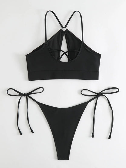 2025 Sexy Orange Bikini Hollow Out Push Up Two-Piece Swimsuit Women Halter Bandage Backless Thong Swimwear Summer Beachwear New