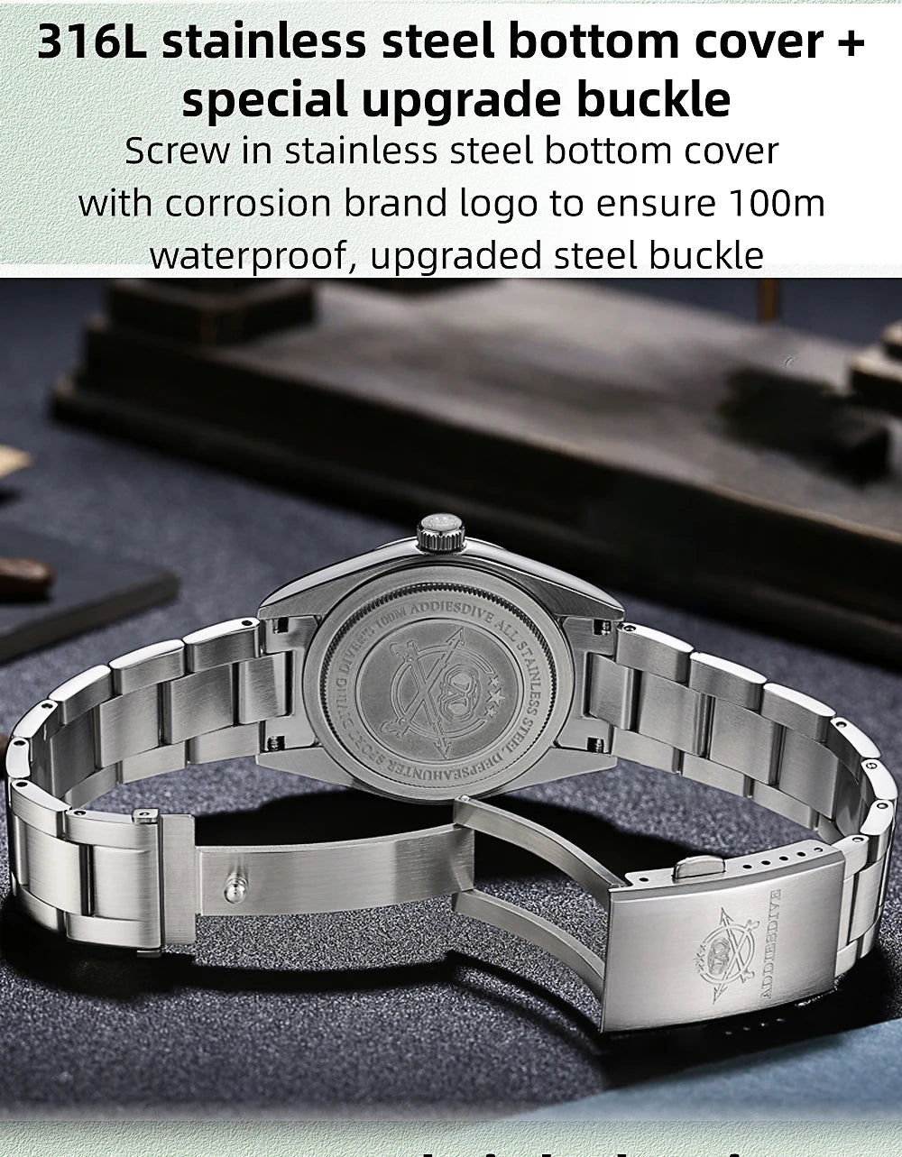 ADDIESDIVE Hot Sale AD2066 Mens Watch 36mm Bubble Mirror Glass Mint Green Quartz Watches Waterproof Luxury Stainless Steel Clock