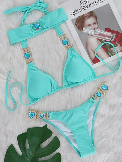 2026 Shiny Rhinestone Diamond Bikini Women Swimsuit Female Swimwear Two Pieces Bikini Set Halter Metal Chains Bathing Suit Swim