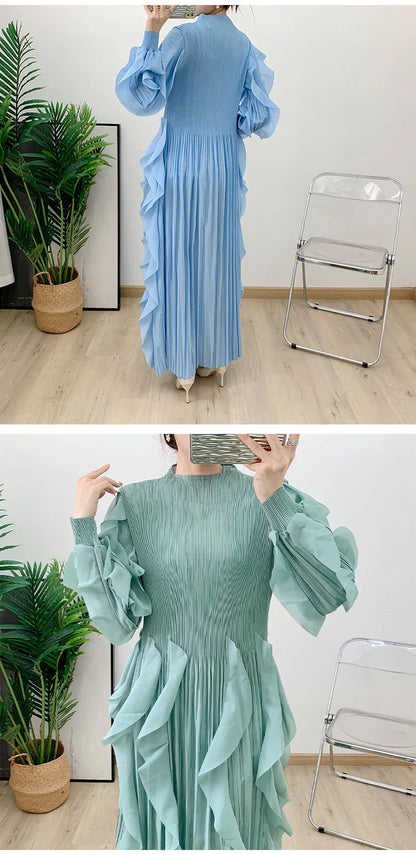 Fashion Ruffles Pleated Dress Women Round Neck Flare Sleeves Solid Maxi Belt Dresses Party 2025 Autumn New