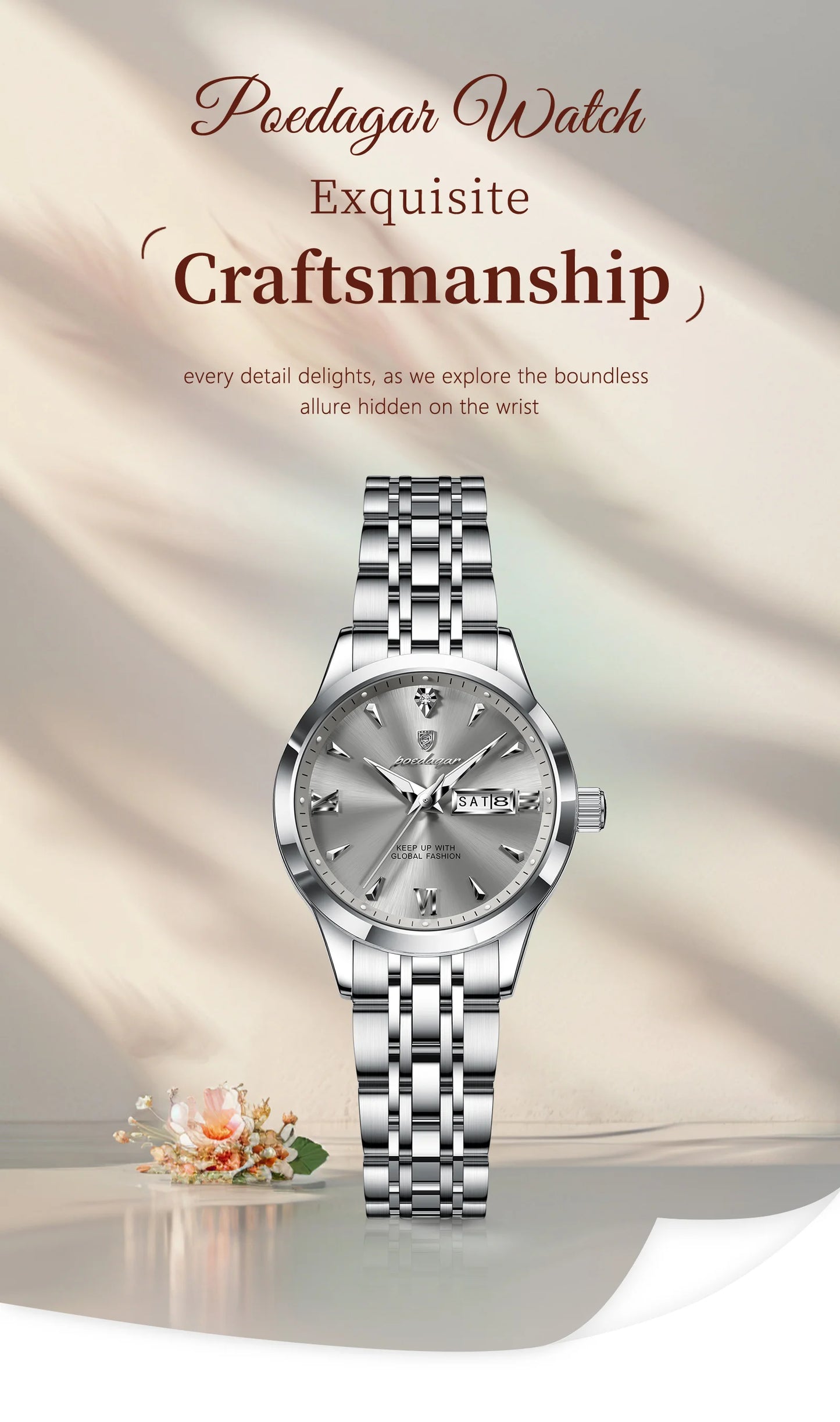 POEDAGAR Elegant Woman Watch Waterproof Luminous Date Week Ladies Wristwatch Stainless Steel Quartz Fashion Women's Watches Gift