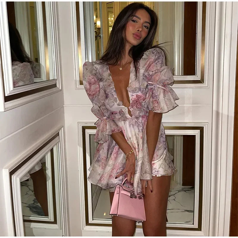 Trendy Floral Print Flare Sleeve V Neck Mini Dress Elegant High Waist Pleated Woman Vestidos 2025 New Autumn Evening Party Gown