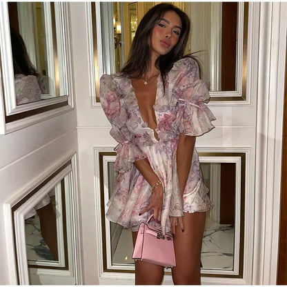 Trendy Floral Print Flare Sleeve V Neck Mini Dress Elegant High Waist Pleated Woman Vestidos 2025 New Autumn Evening Party Gown