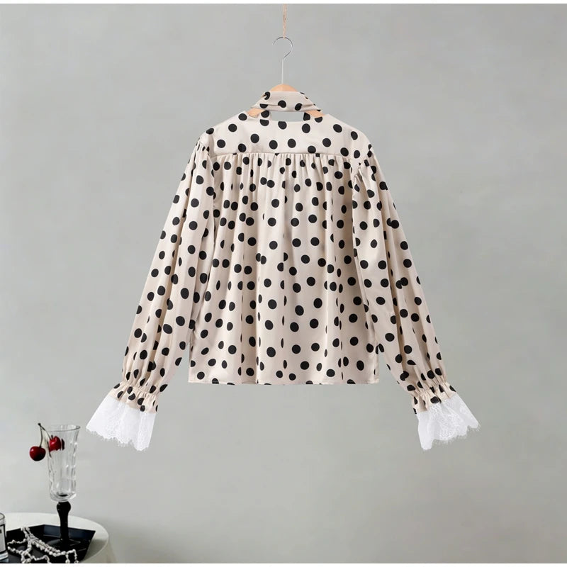 Satin Polka Dots V Neck Maxi Dress Suit Women Elegant Ribbon Full Sleeve Blouse Waist Cinching Long Skirt 2026 Lady Party Outfit