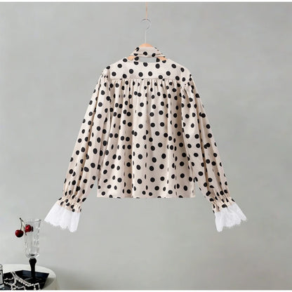 Satin Polka Dots V Neck Maxi Dress Suit Women Elegant Ribbon Full Sleeve Blouse Waist Cinching Long Skirt 2026 Lady Party Outfit