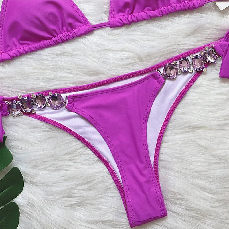 2026 Shiny Rhinestone Diamond Bikini Women Swimsuit Female Swimwear Two Pieces Bikini Set Halter Metal Chains Bathing Suit Swim