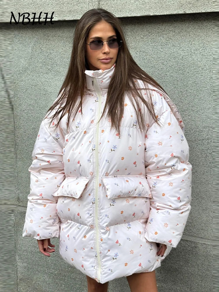 Printed Hooded Puffy Cotton Jacket Women Stand Collar Long Sleeve Zipper Loose Padded Coats 2025 Winter Lady Warm Outwear Street