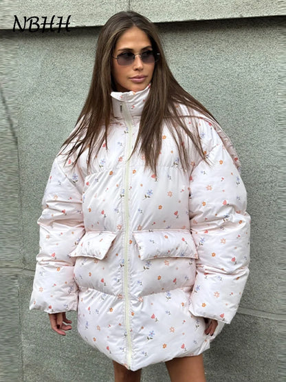 Printed Hooded Puffy Cotton Jacket Women Stand Collar Long Sleeve Zipper Loose Padded Coats 2025 Winter Lady Warm Outwear Street