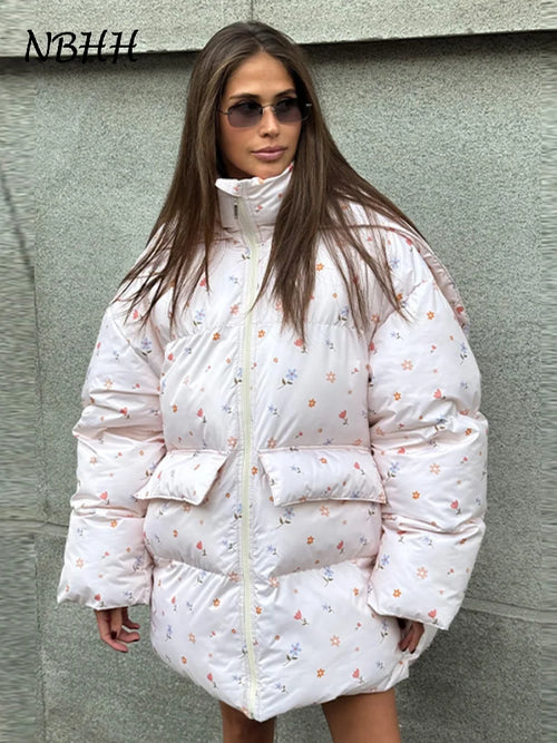 Printed Hooded Puffy Cotton Jacket Women Stand Collar Long Sleeve Zipper Loose Padded Coats 2025 Winter Lady Warm Outwear Street