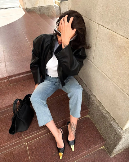 Women's 2025 Fall Winter Black PU Leather Jacket Oversized Commuter Style PU Leather Jacket for Women Office Wear Coat